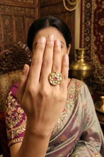 Kundan design high gold polish round shape finger ring for women and girls