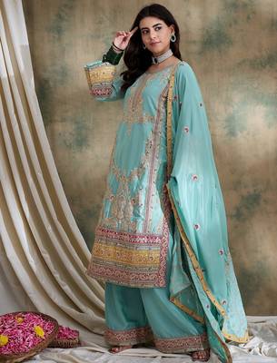  embroidered firozi chinon round neck flared sleeve kurta palazzo sets 3