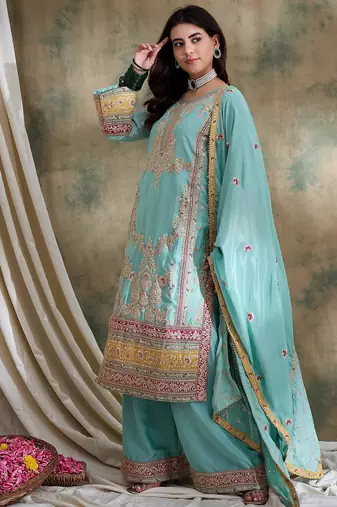  embroidered firozi chinon round neck flared sleeve kurta palazzo sets