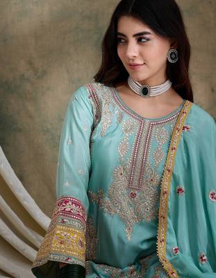  embroidered firozi chinon round neck flared sleeve kurta palazzo sets 4