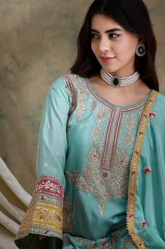  embroidered firozi chinon round neck flared sleeve kurta palazzo sets