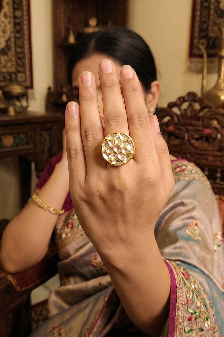 Kundan design high gold polish round shape finger ring for women and girls