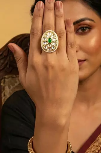 Teardrop kundan finger ring with multi center stone high gold finish for women  and girls