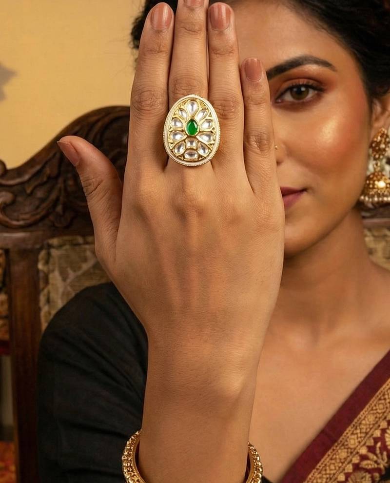 Teardrop kundan finger ring with multi center stone high gold finish for women  and girls