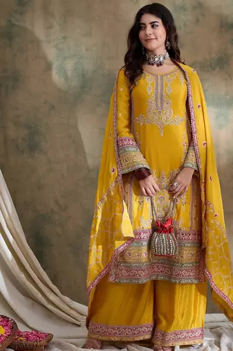 Saahmriga embroidered yellow chinon round neck flared sleeve kurta palazzo sets