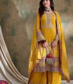 Saahmriga embroidered yellow chinon round neck flared sleeve kurta palazzo sets