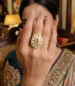 Teardrop kundan finger ring with multi center stone high gold finish for women and girls