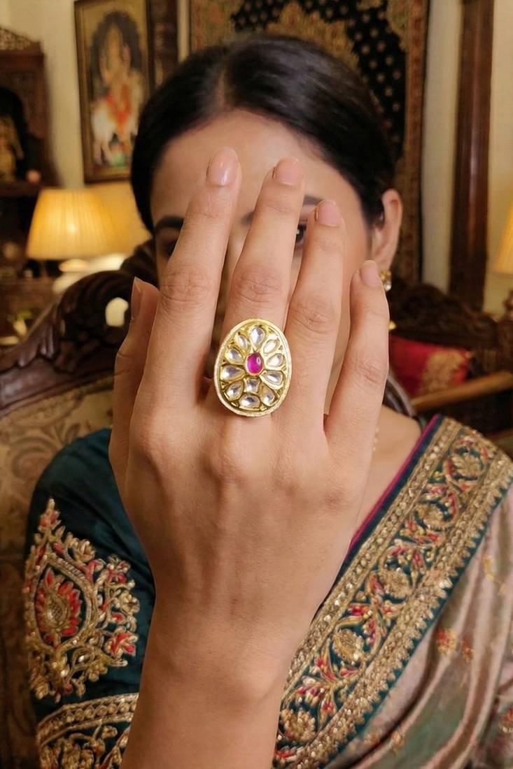 Teardrop kundan finger ring with multi center stone high gold finish for women and girls