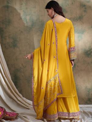  embroidered yellow chinon round neck flared sleeve kurta palazzo sets 2