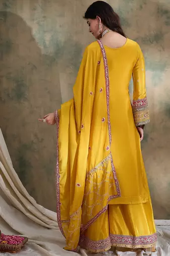  embroidered yellow chinon round neck flared sleeve kurta palazzo sets