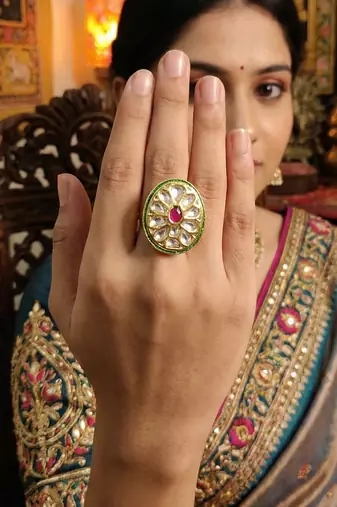 Teardrop kundan finger ring with multi center stone high gold finish for women  and girls