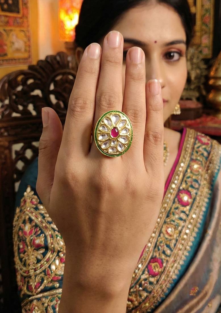 Teardrop kundan finger ring with multi center stone high gold finish for women  and girls
