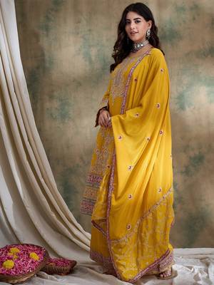  embroidered yellow chinon round neck flared sleeve kurta palazzo sets 3