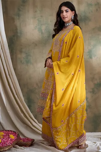  embroidered yellow chinon round neck flared sleeve kurta palazzo sets