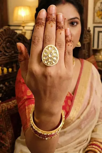 Teardrop kundan finger ring with multi center stone high gold finish for women  and girls