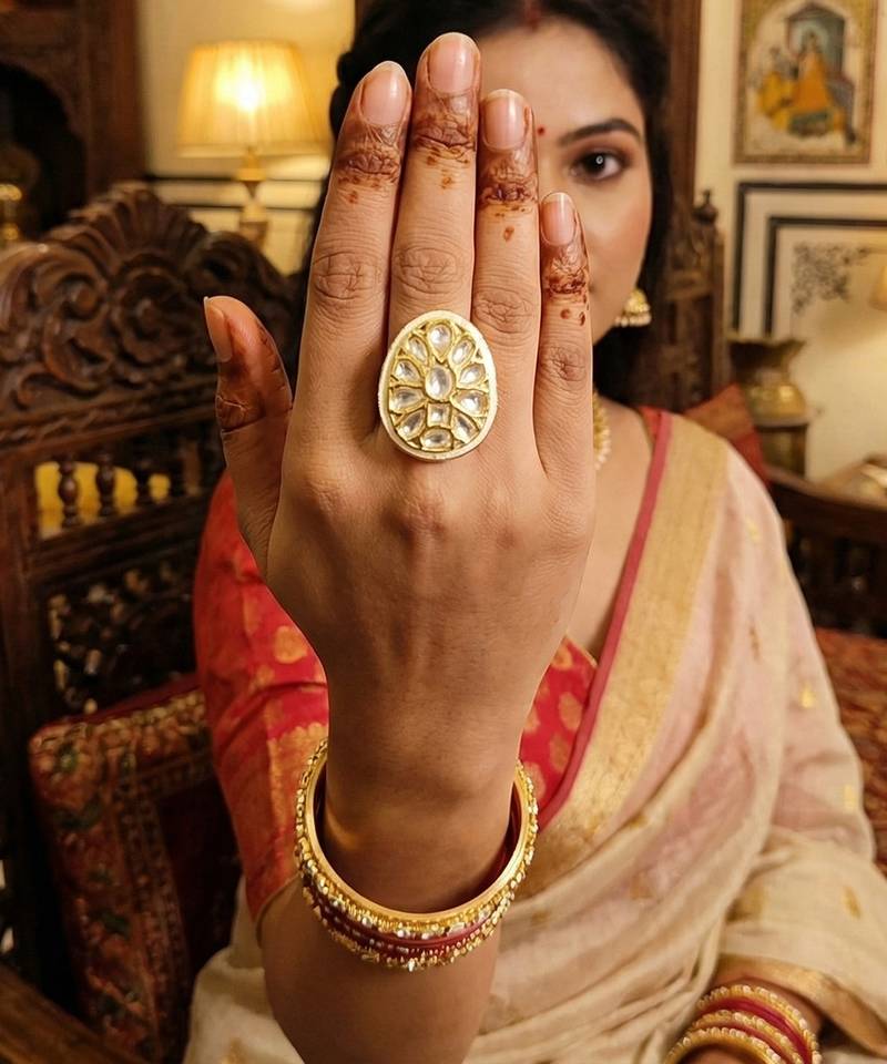 Teardrop kundan finger ring with multi center stone high gold finish for women  and girls