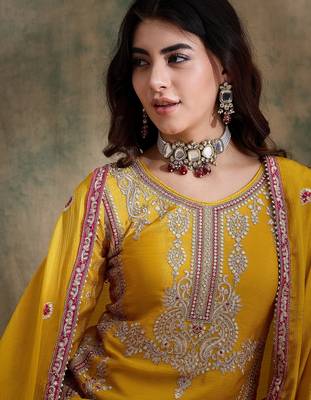  embroidered yellow chinon round neck flared sleeve kurta palazzo sets 4