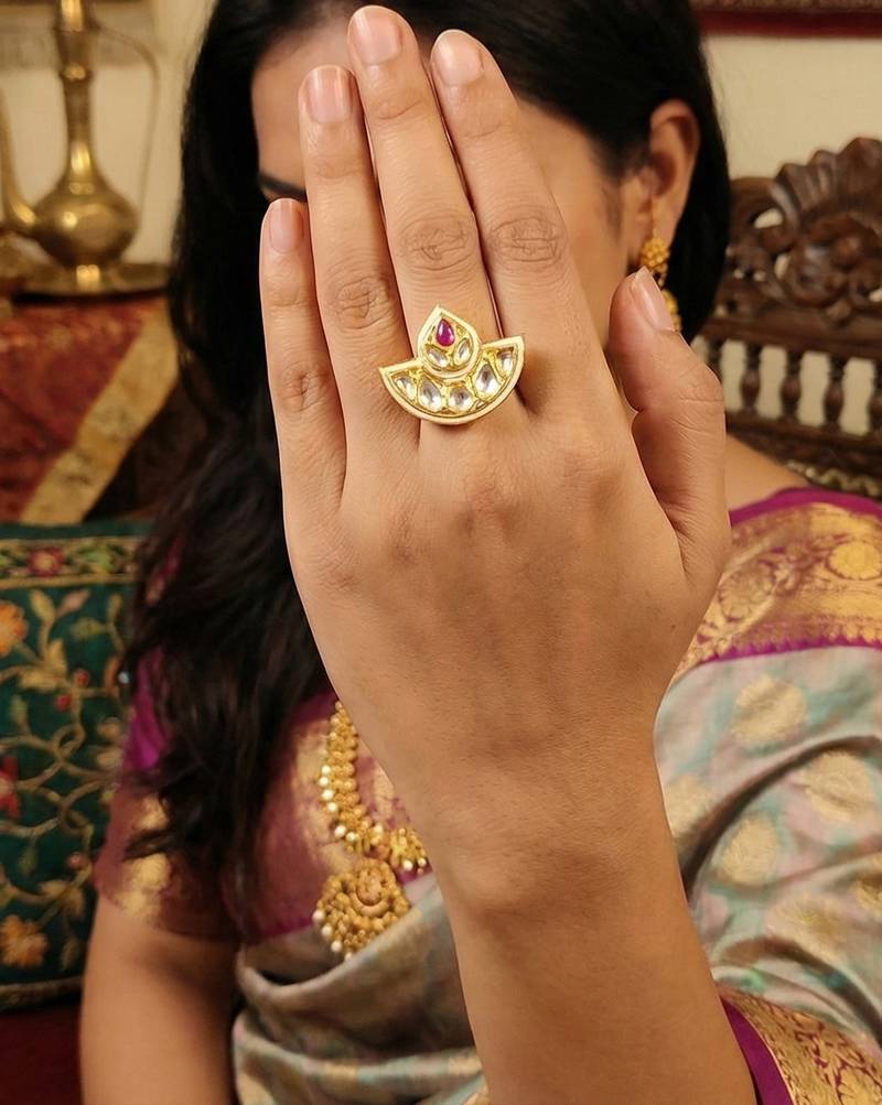 Kundan design high gold polish fancy finger ring for women  and girls