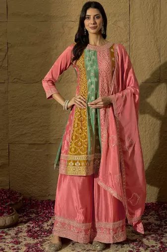 Saahmriga embroidered peach chinon round neck regular sleeve kurta palazzo sets
