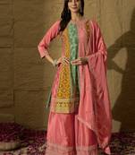 Saahmriga embroidered peach chinon round neck regular sleeve kurta palazzo sets