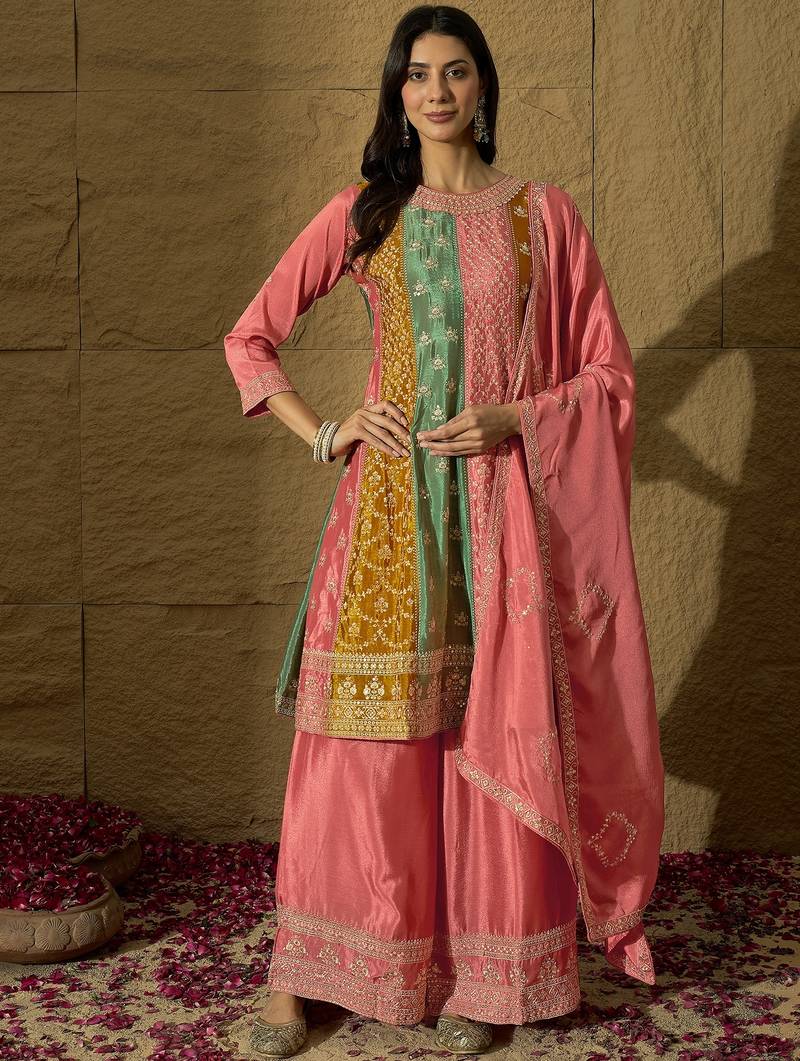 Saahmriga embroidered peach chinon round neck regular sleeve kurta palazzo sets