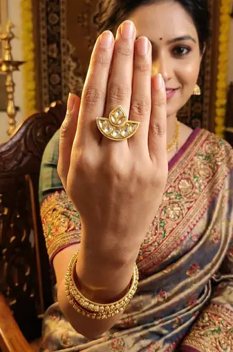Kundan design high gold polish fancy finger ring for women and girls