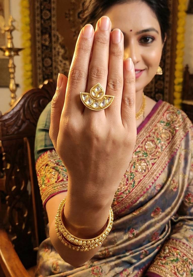Kundan design high gold polish fancy finger ring for women and girls