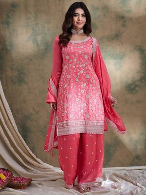 embroidered light pink vichitra silk round neck regular sleeve kurta palazzo sets 1