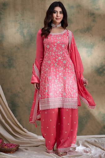 Saahmriga embroidered light pink vichitra silk round neck regular sleeve kurta palazzo sets
