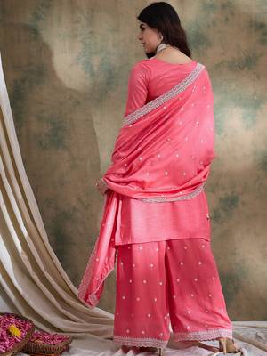  embroidered light pink vichitra silk round neck regular sleeve kurta palazzo sets 2