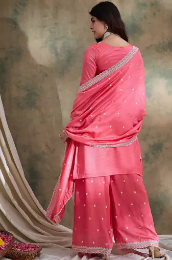  embroidered light pink vichitra silk round neck regular sleeve kurta palazzo sets