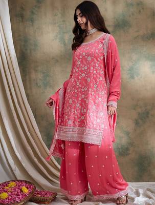  embroidered light pink vichitra silk round neck regular sleeve kurta palazzo sets 3