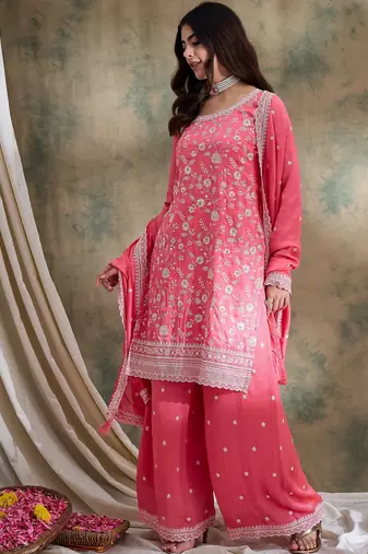  embroidered light pink vichitra silk round neck regular sleeve kurta palazzo sets