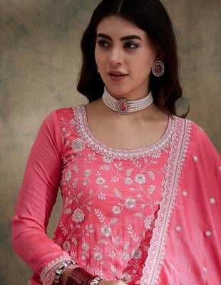 embroidered light pink vichitra silk round neck regular sleeve kurta palazzo sets 4