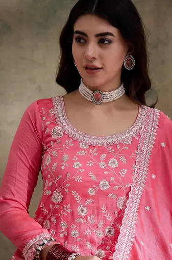  embroidered light pink vichitra silk round neck regular sleeve kurta palazzo sets
