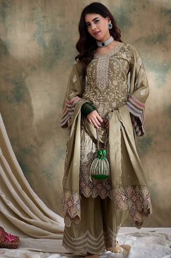 Saahmriga embroidered mehendi chinon round neck flared sleeve kurta palazzo sets