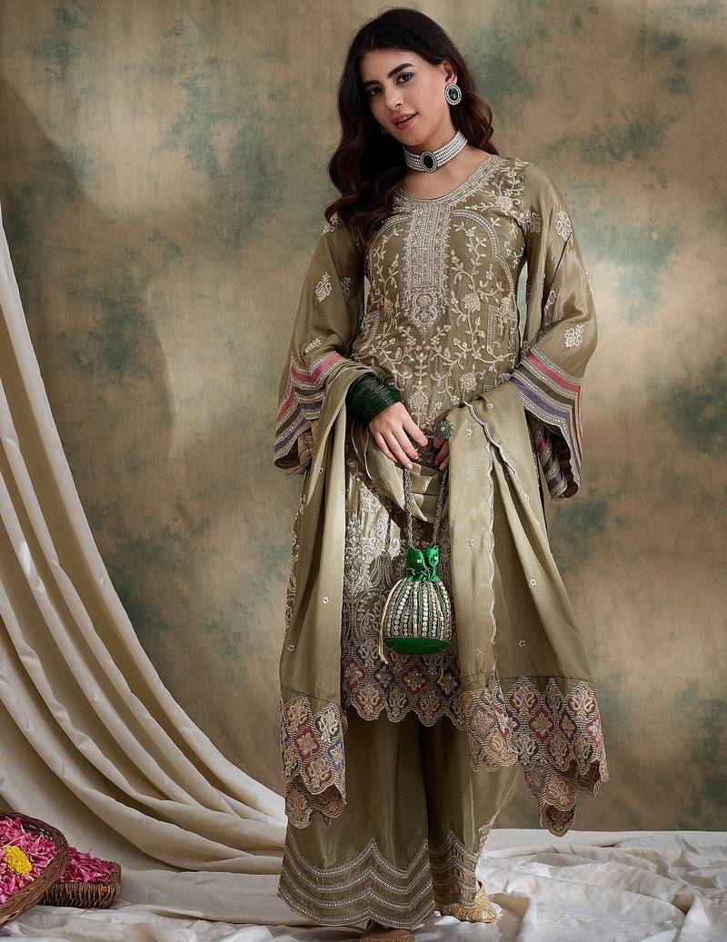 Saahmriga embroidered mehendi chinon round neck flared sleeve kurta palazzo sets