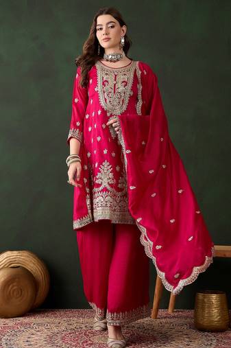 Saahmriga embroidered pink vichitra silk round neck regular sleeve kurta palazzo sets