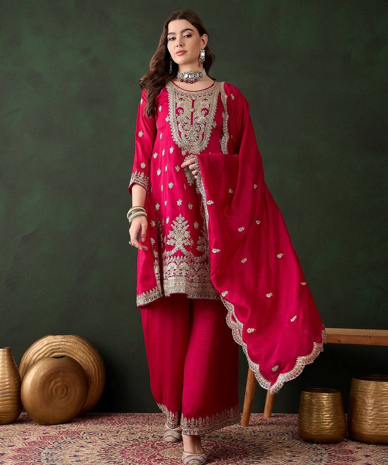 Saahmriga embroidered pink vichitra silk round neck regular sleeve kurta palazzo sets