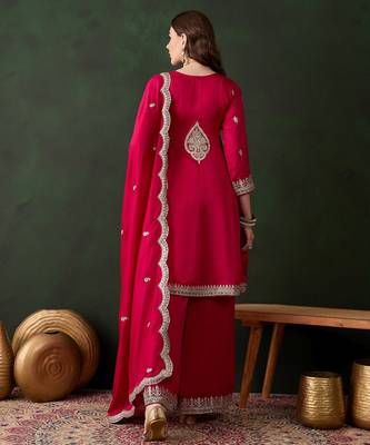  embroidered pink vichitra silk round neck regular sleeve kurta palazzo sets 2