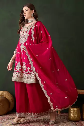  embroidered pink vichitra silk round neck regular sleeve kurta palazzo sets
