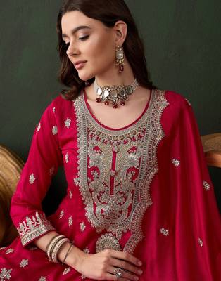  embroidered pink vichitra silk round neck regular sleeve kurta palazzo sets 4