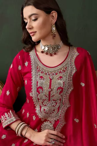  embroidered pink vichitra silk round neck regular sleeve kurta palazzo sets