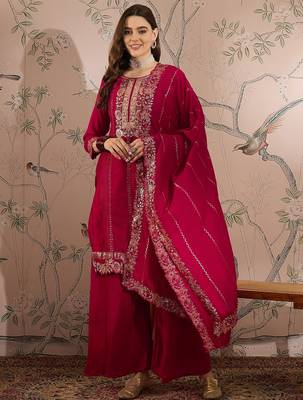  embroidered dark pink vichitra silk round neck regular sleeve kurta palazzo sets 1