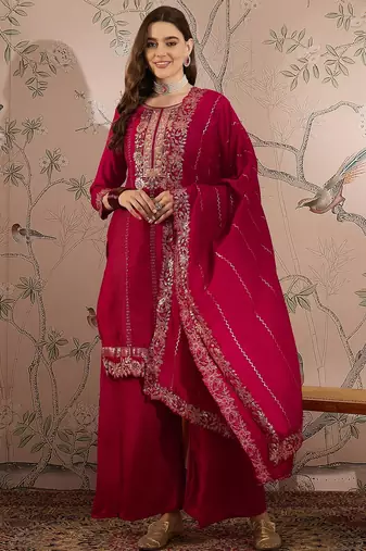 Saahmriga embroidered dark pink vichitra silk round neck regular sleeve kurta palazzo sets
