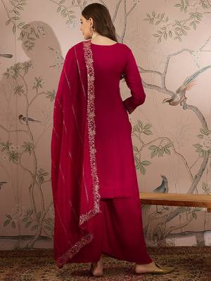  embroidered dark pink vichitra silk round neck regular sleeve kurta palazzo sets 2