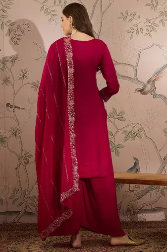  embroidered dark pink vichitra silk round neck regular sleeve kurta palazzo sets