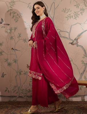  embroidered dark pink vichitra silk round neck regular sleeve kurta palazzo sets 3