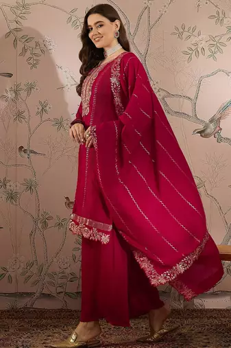  embroidered dark pink vichitra silk round neck regular sleeve kurta palazzo sets