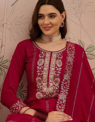 embroidered dark pink vichitra silk round neck regular sleeve kurta palazzo sets 4
